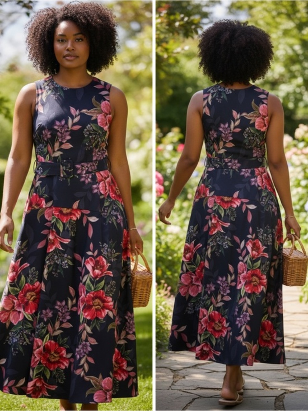 NWT Melonie T Womens Belted Sleeveless Social Navy Floral Evening Gown